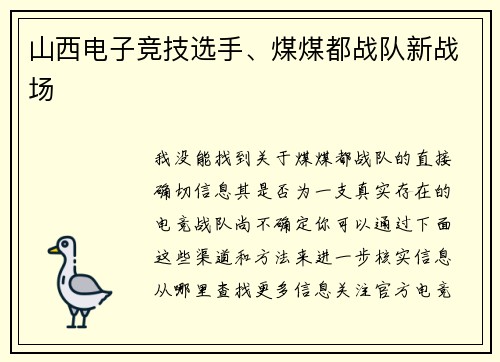 山西电子竞技选手、煤煤都战队新战场